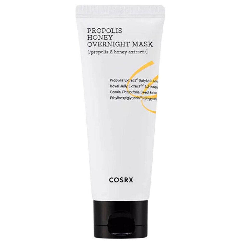 Tubo bianco, tappo nero. Scritta: PROPOLIS HONEY OVERNIGHT MASK. Marchio: COSRX. Dettagli gialli.