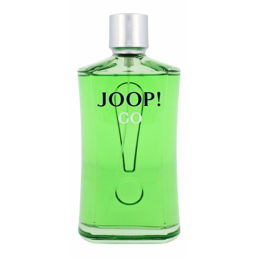 Flacone di profumo verde con tappo argentato. Logo JOOP! GO e design punto esclamativo sul flacone.