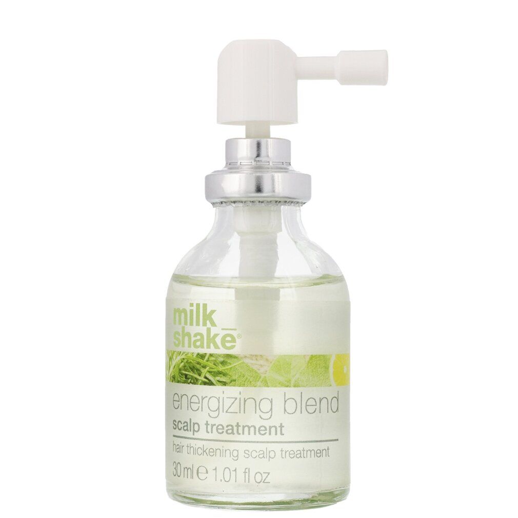 Flacone trasparente con vaporizzatore. Scritta: energizing blend scalp treatment. 30ml.
