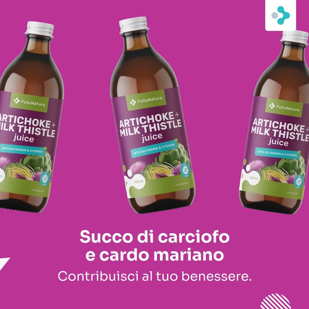 Tre bottiglie di succo di carciofo e cardo mariano su sfondo viola.