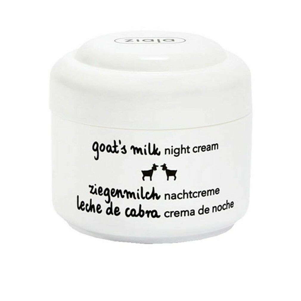 Vasetto bianco con scritta "goat's milk night cream", Ziegenmilch, e testi in spagnolo/tedesco/inglese. Coperchio con logo Ziaja.