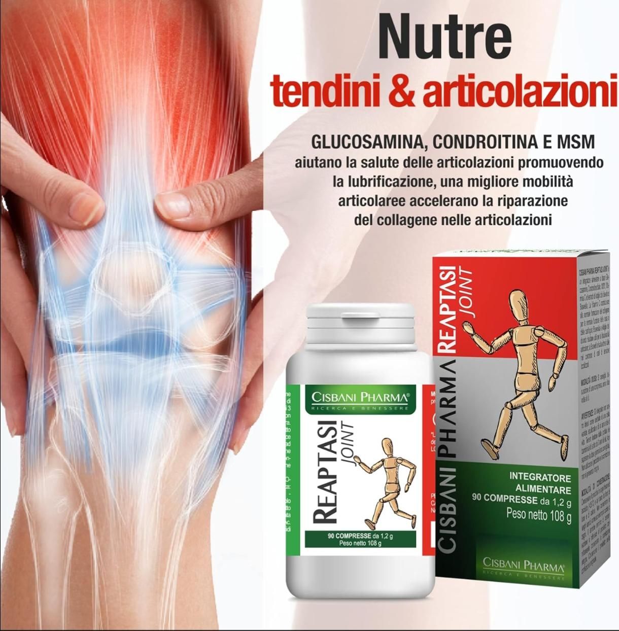 Integratore Cisbani Pharma Reaptasi JOINT. Flacone bianco e scatola con informazioni sul prodotto. Illustrazione dell'articolazione del ginocchio.