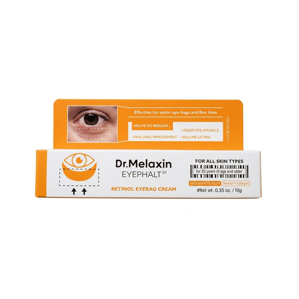 Confezione della crema contorno occhi Dr. Melaxin Retinol con esempi di applicazione.