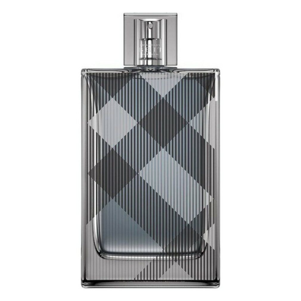 Burberry Brit for Him Eau de Toilette Spray. Flacone quadrato con motivo a quadri. Vaporizzatore argentato.