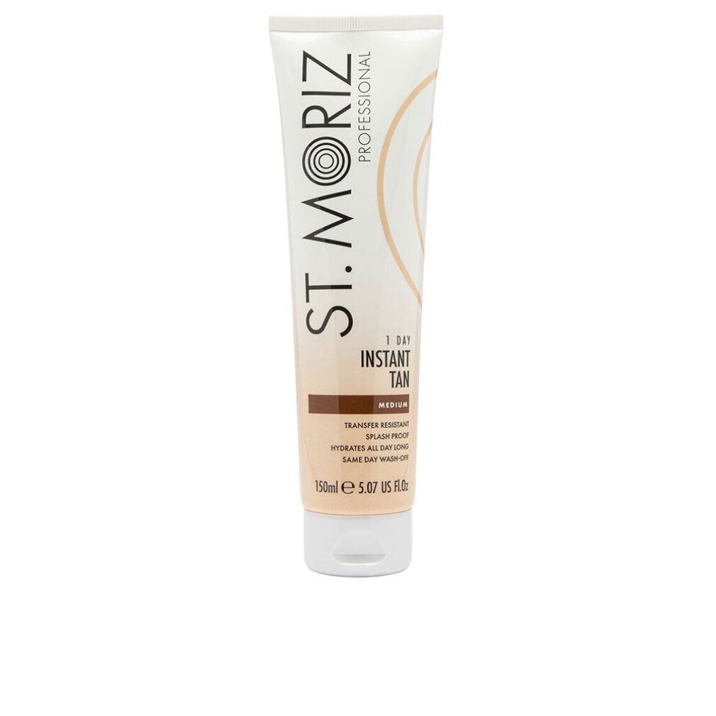 Tubo di St. Moriz Professional 1 Day Instant Tan Medium. Sfumatura bianco-marrone, nome e dettagli del prodotto.