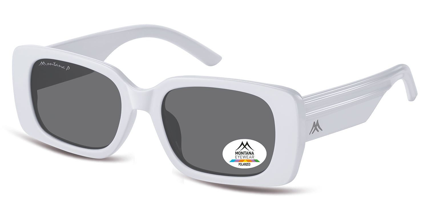 Occhiali da sole bianchi, lenti rettangolari. Lenti nere. Logo Montana Eyewear sull'asta e adesivo di polarizzazione.