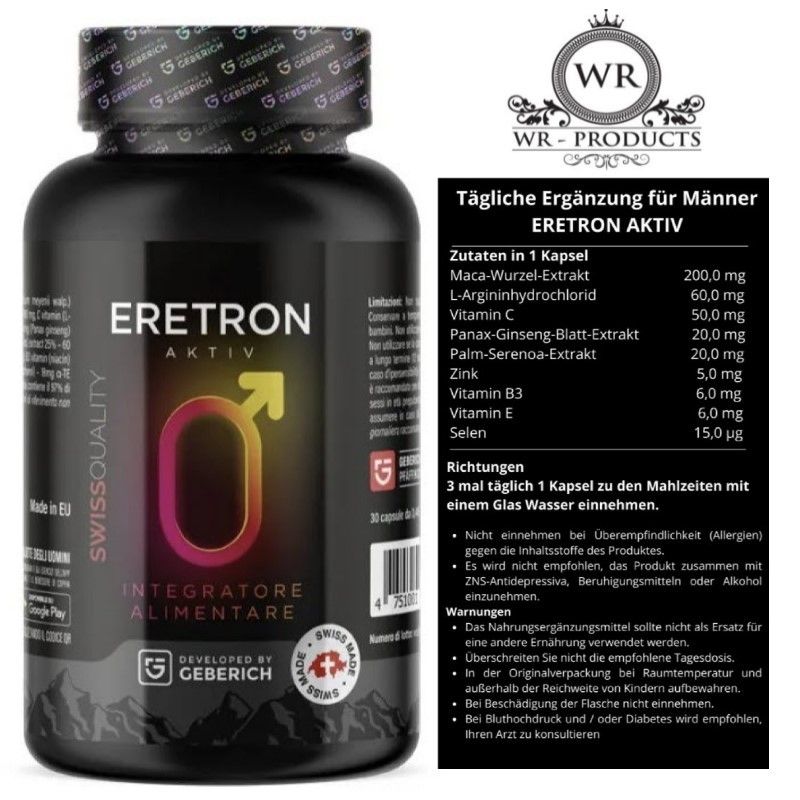 Flacone nero "Eretron Aktiv" con elenco ingredienti. Simbolo maschile. Sigillo "Swiss Quality". Sviluppato da Geberich. 30 capsule.