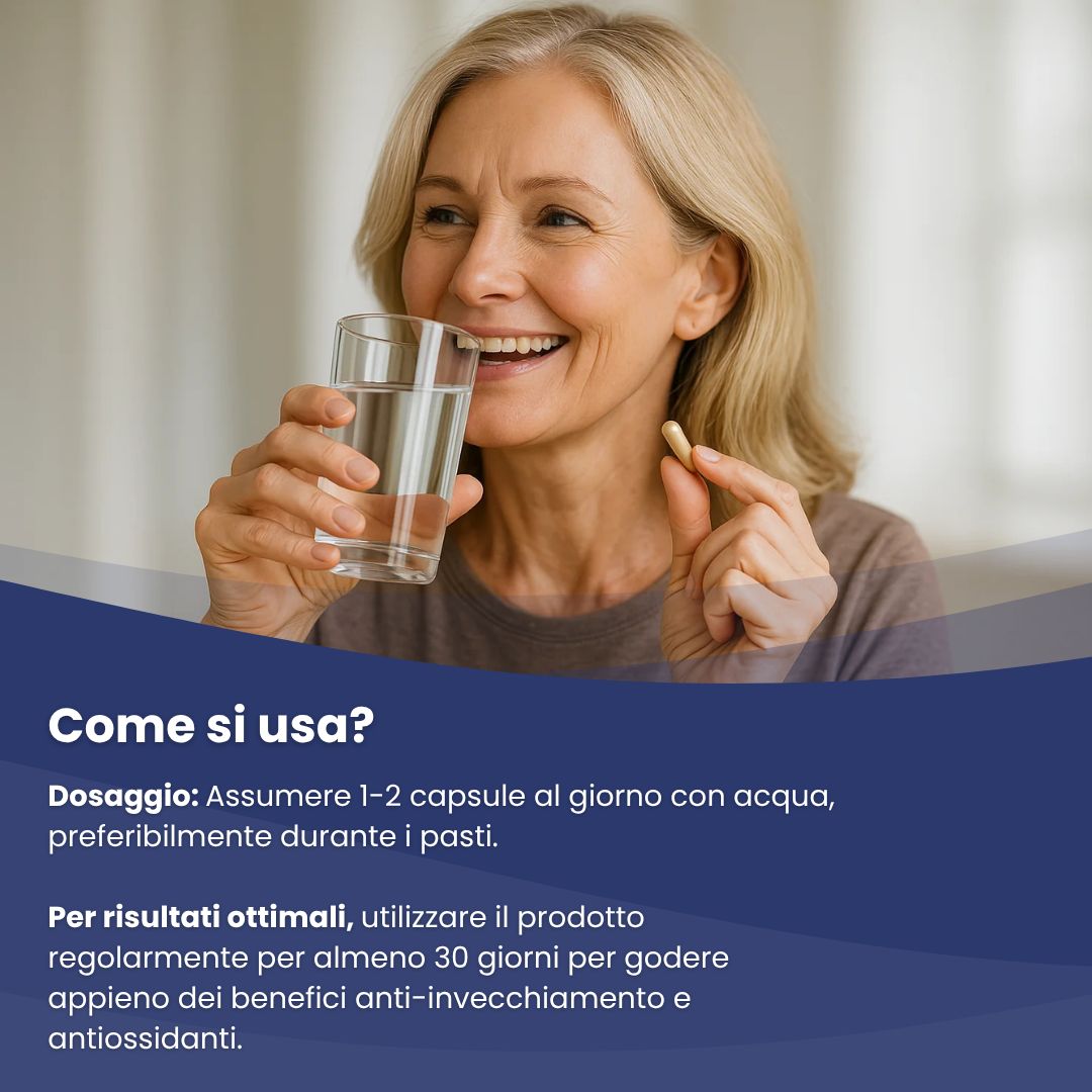 Donna che beve acqua e tiene in mano una capsula. Testo: Come si usa? Dosaggio: 1-2 capsule al giorno.