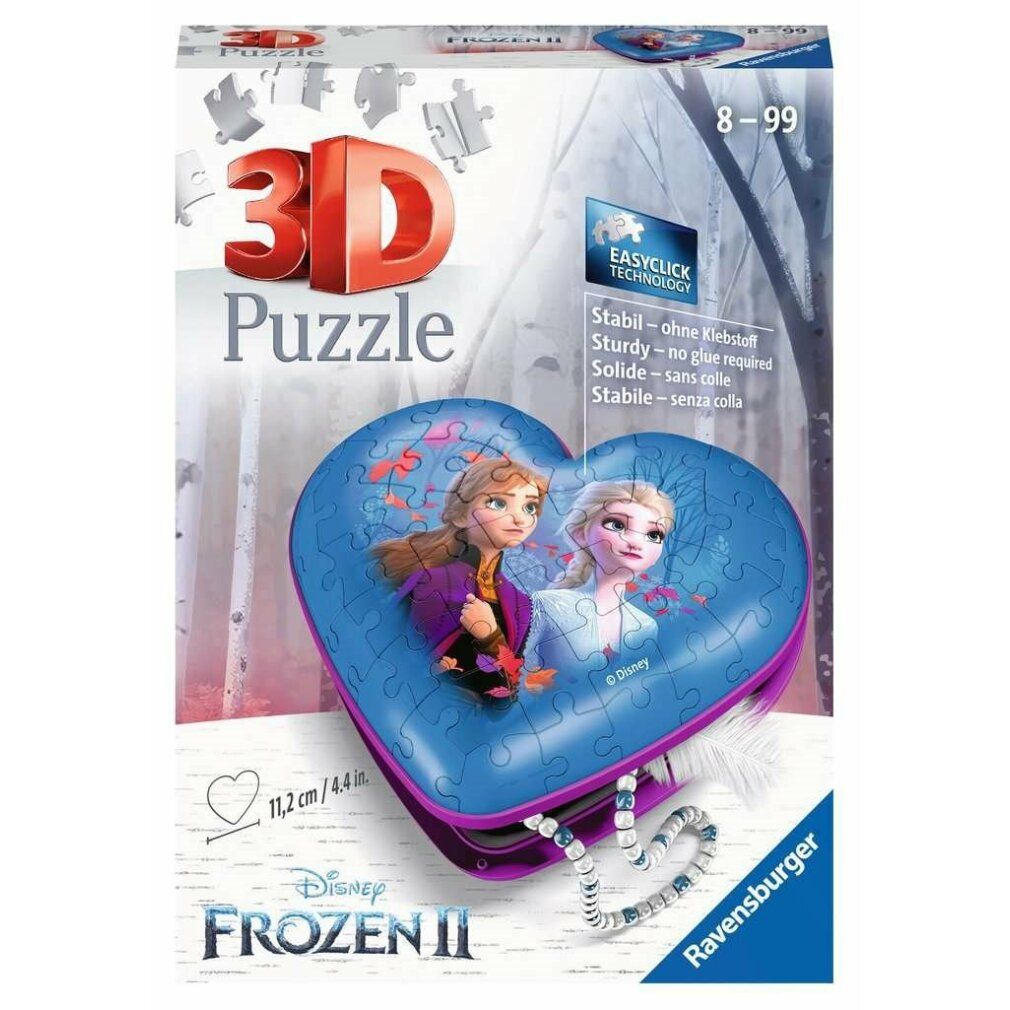 Puzzle 3D Cuore del Regno di Ghiaccio 2. Confezione con motivo Frozen II. Puzzle a forma di cuore. Logo Ravensburger e tecnologia Easyclick.