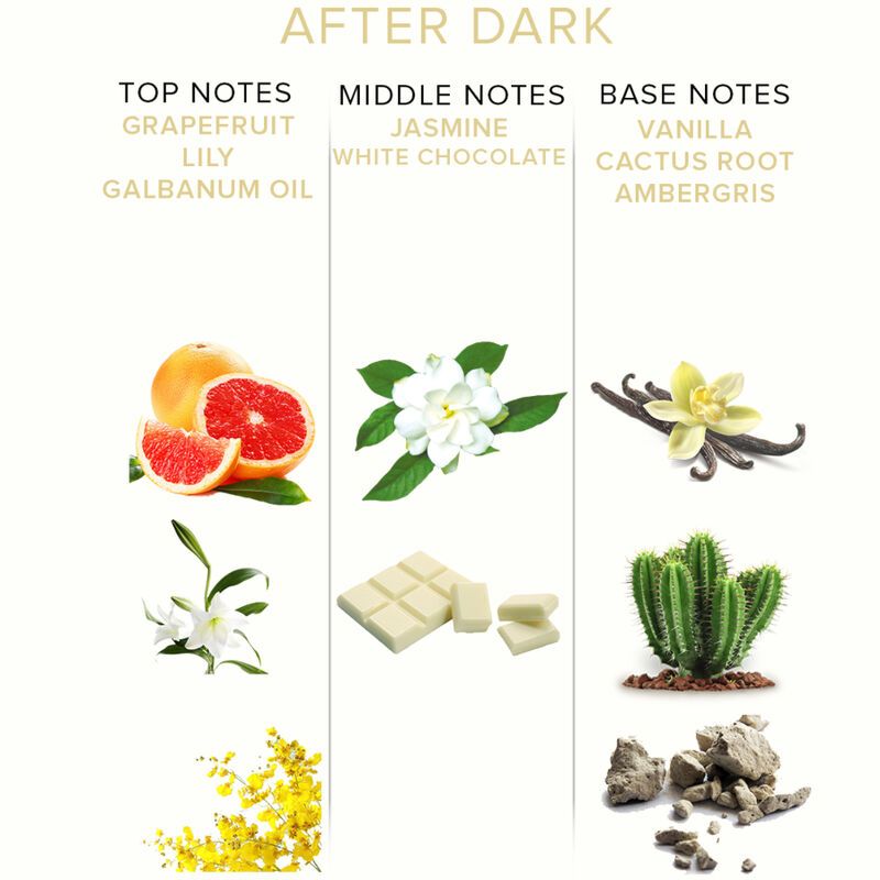 Tabella con note di pompelmo, giglio, olio di galbano, gelsomino, cioccolato bianco, vaniglia, radice di cactus e ambra grigia.