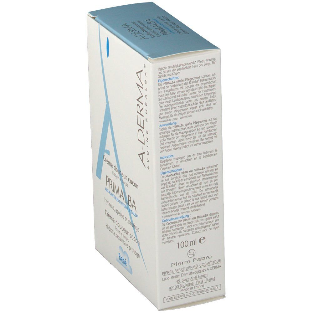 Confezione in cartone. Logo A-DERMA e PRIMALBA. Testo: Crème douceur cocon, 100 ml. Pierre Fabre.