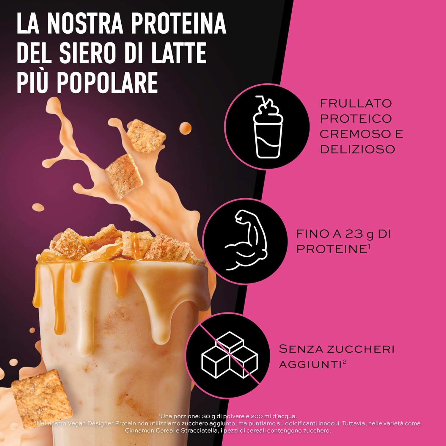 Bevanda cremosa proteica del siero del latte con sciroppo e pezzi di cereali.