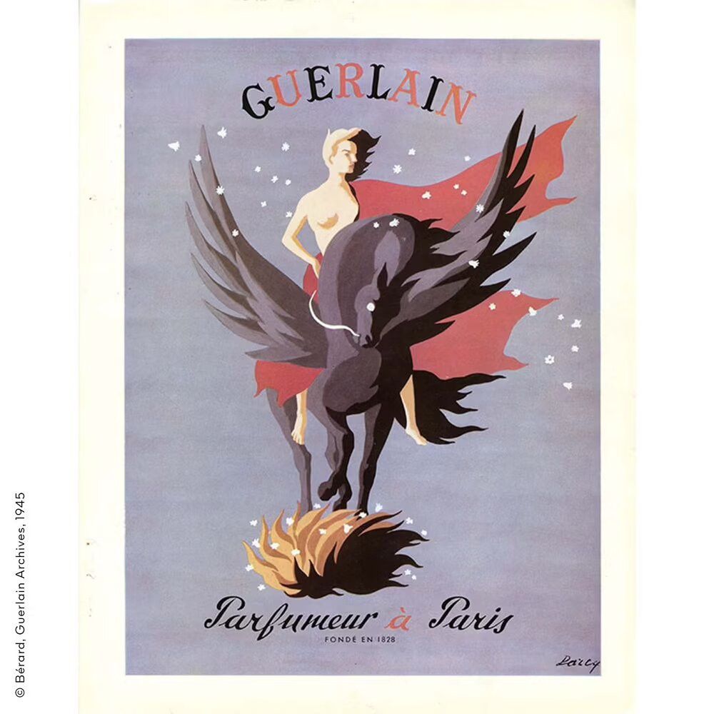 Manifesto pubblicitario. Donna su cavallo alato. Testo: "GUERLAIN". "Parfumeur à Paris". Firma: "Bérard, Guerlain Archives, 1945".
