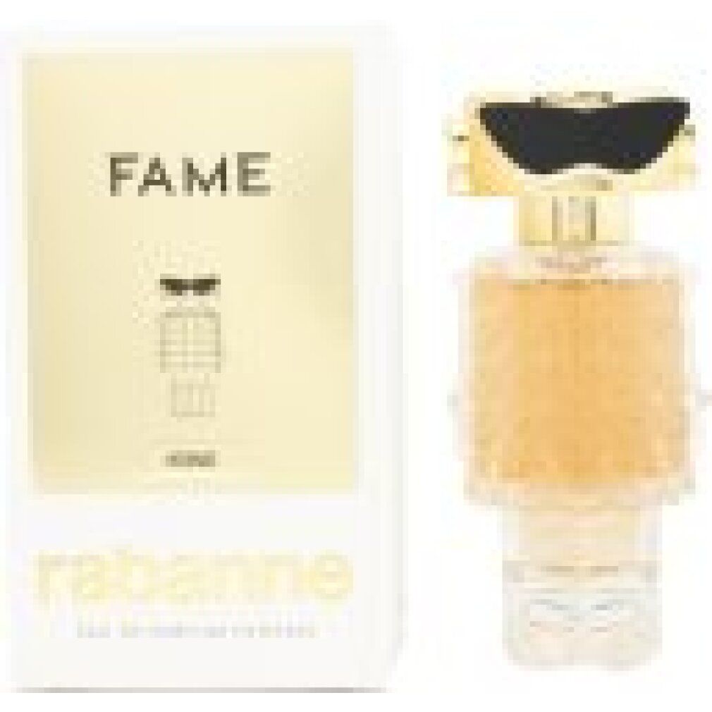 Flacone dorato a forma di robot con occhiali da sole neri. Scatola bianca con scritta dorata "FAME" e "rabanne".