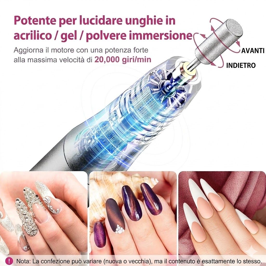 Primo piano di un dispositivo per manicure con attacco rotante. Sotto, esempi di nail art.