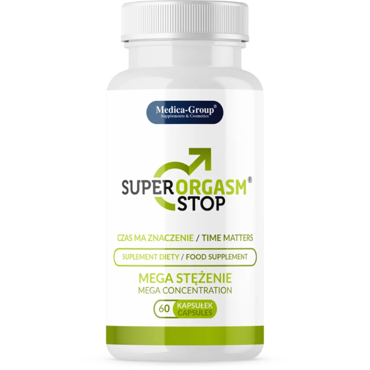 Flacone di capsule bianco. Scritta: Super Orgasm Stop, 60 capsule, Medica-Group. Logo e testo verdi.