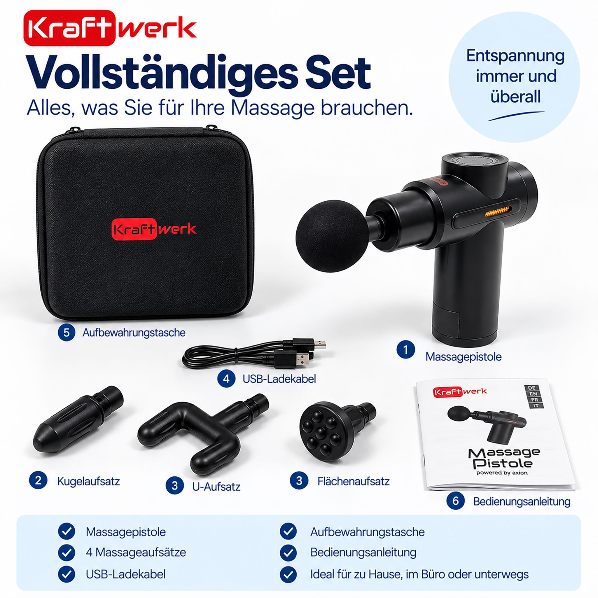 Set completo: pistola massaggiante, 4 testine, cavo USB, manuale, custodia.