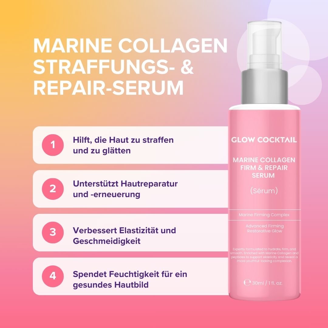 Flacone di siero rosa con testo e vantaggi numerati. Scritta: Glow Cocktail, Marine Collagen Firm & Repair Serum. Contiene testo sugli ingredienti.