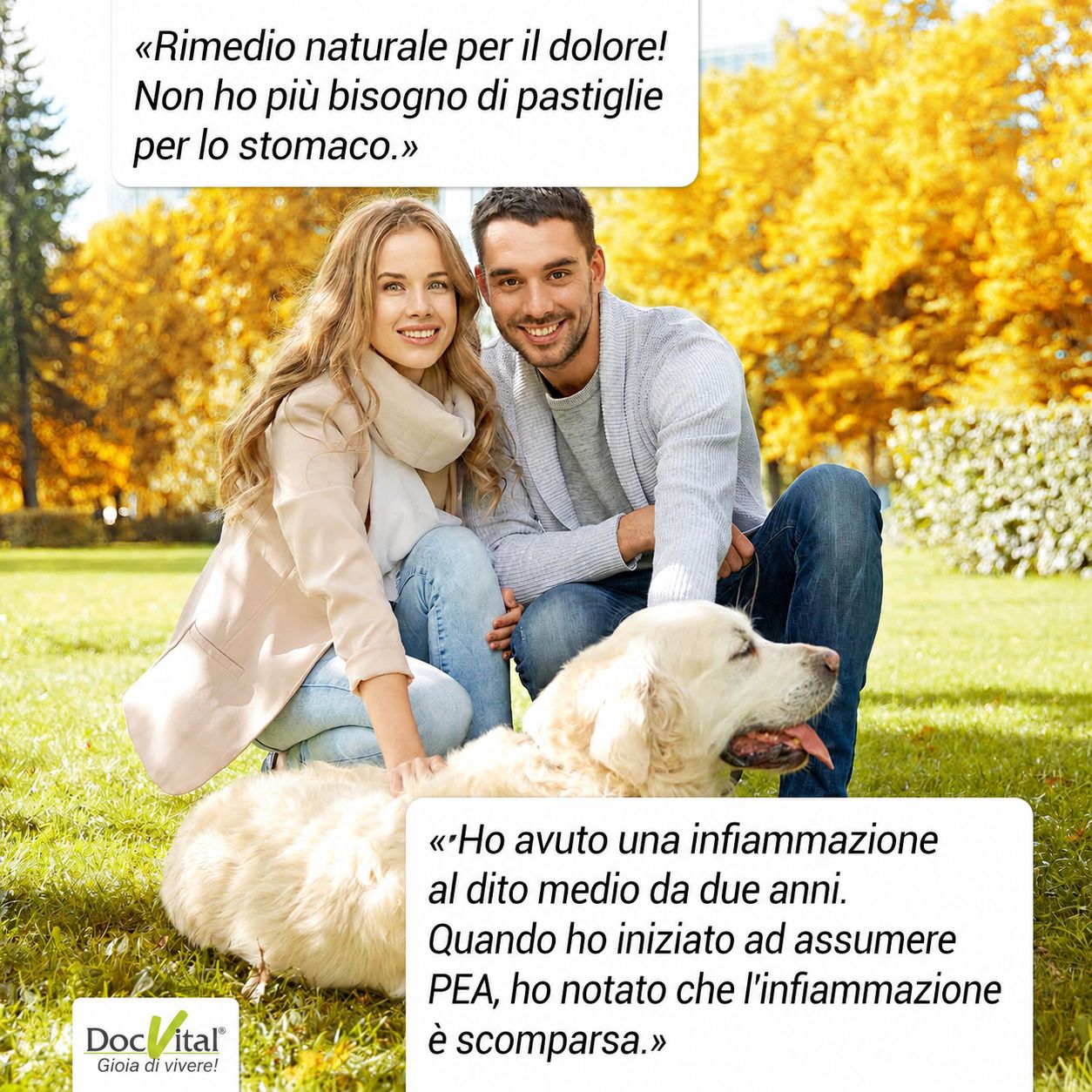 Una coppia e un cane sono seduti all'aperto. Sorridono e si rilassano nella natura.