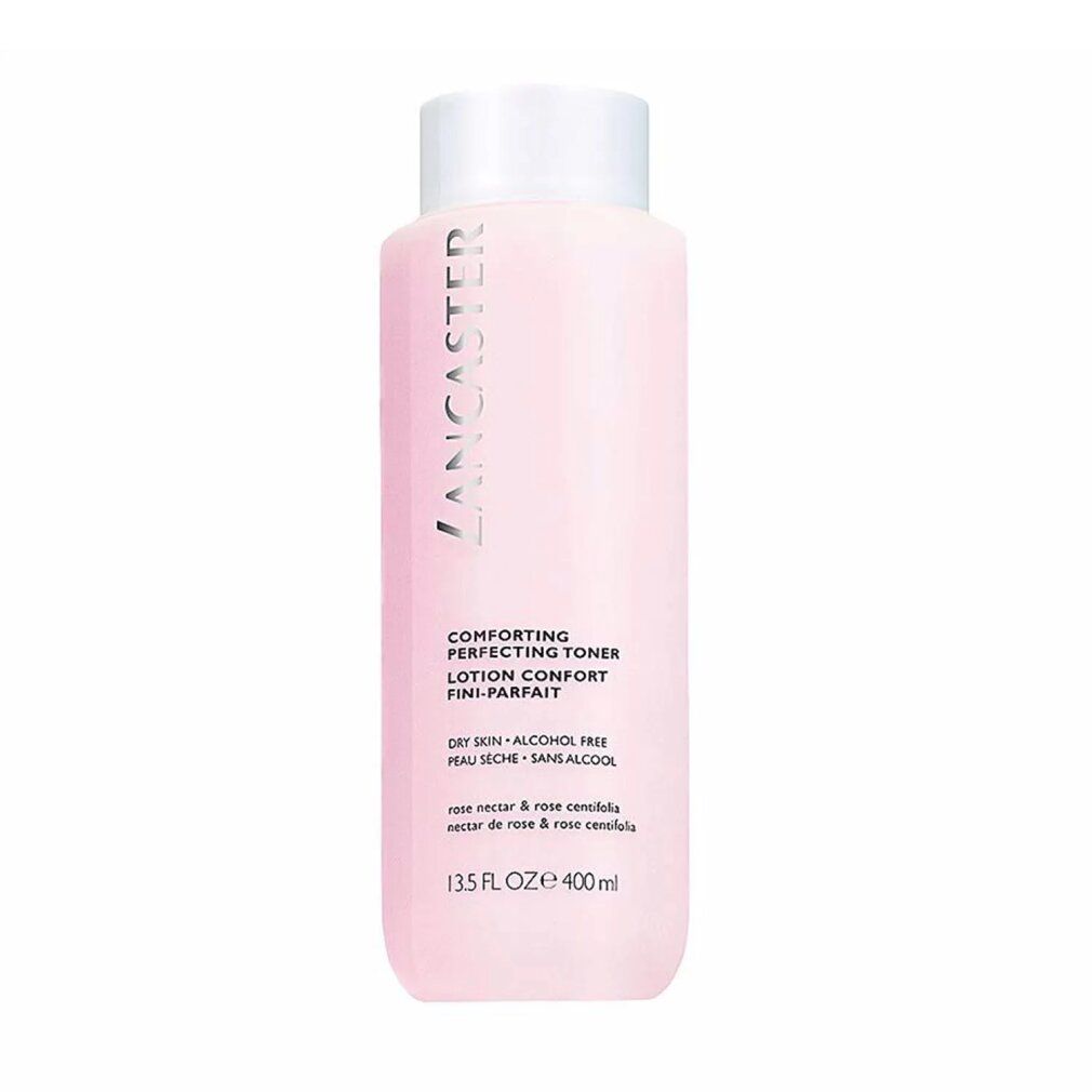 Flacone rosa con tappo bianco. Scritta: Lancaster Comforting Perfecting Toner. 13.5 FL. OZ. e 400ml. Per pelli secche.