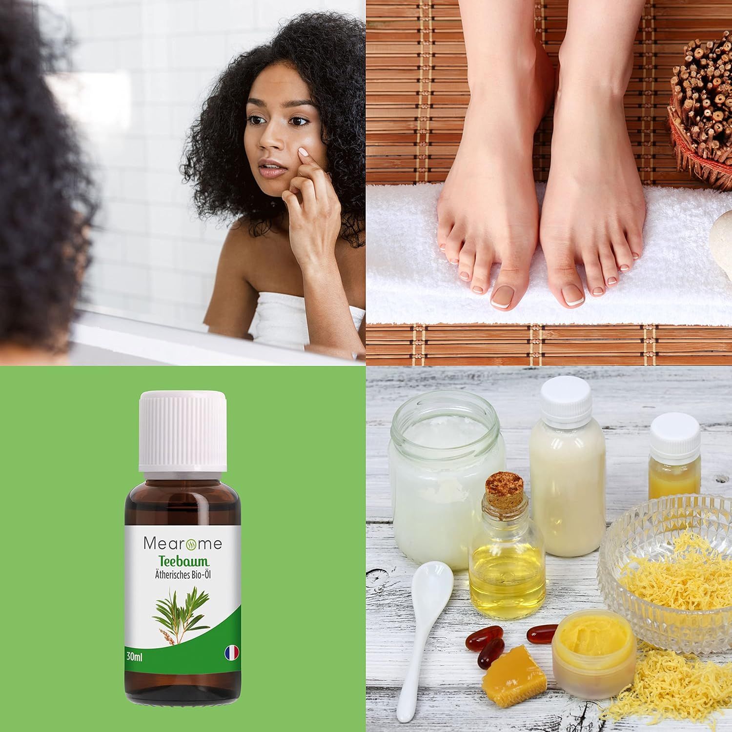 Collage con donna allo specchio, piedi su asciugamano e flacone di olio. Vari contenitori e ingredienti.