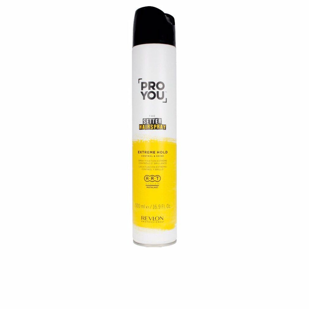 Bomboletta spray per capelli bianca e nera. Scritta: PRO YOU, THE SETTER HAIRSPRAY, EXTREME HOLD. Marchio: Revlon.