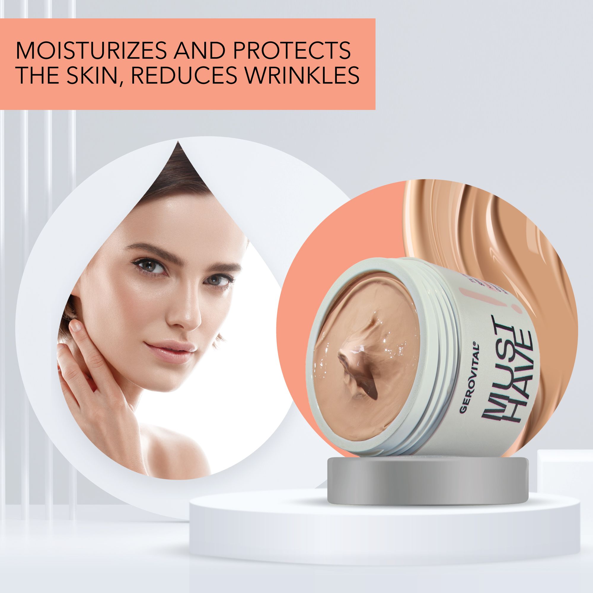 Vasetto di crema su piedistallo. Volto di donna sullo sfondo. Testo: MOISTURIZES AND PROTECTS THE SKIN, REDUCES WRINKLES. Texture crema.