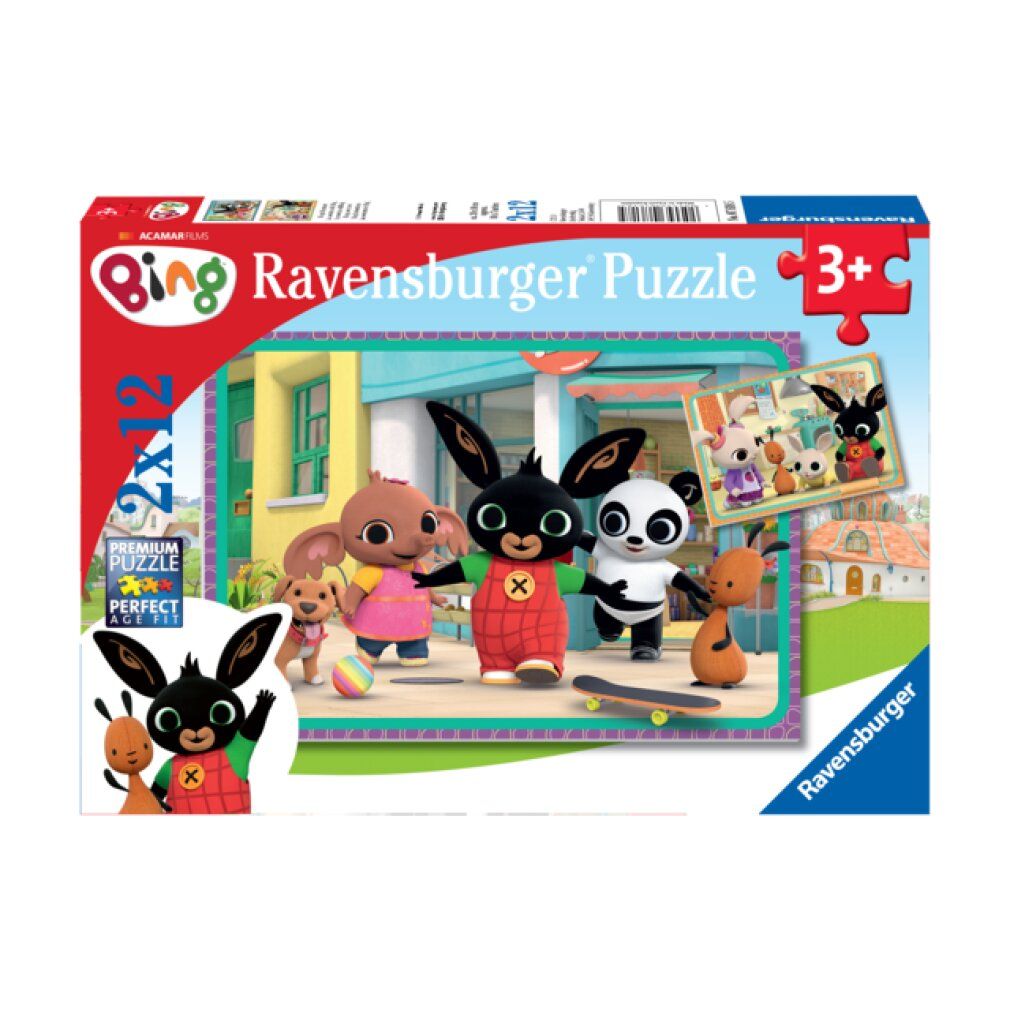 Scatola puzzle Bing. Contiene 2 puzzle da 12 pezzi ciascuno. Marchio Ravensburger. Età consigliata: 3+.