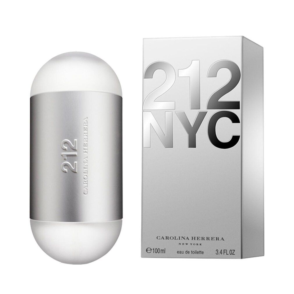 Flacone di profumo e confezione. Flacone cilindrico argentato con tappo bianco. Confezione argentata con scritta "212 NYC".