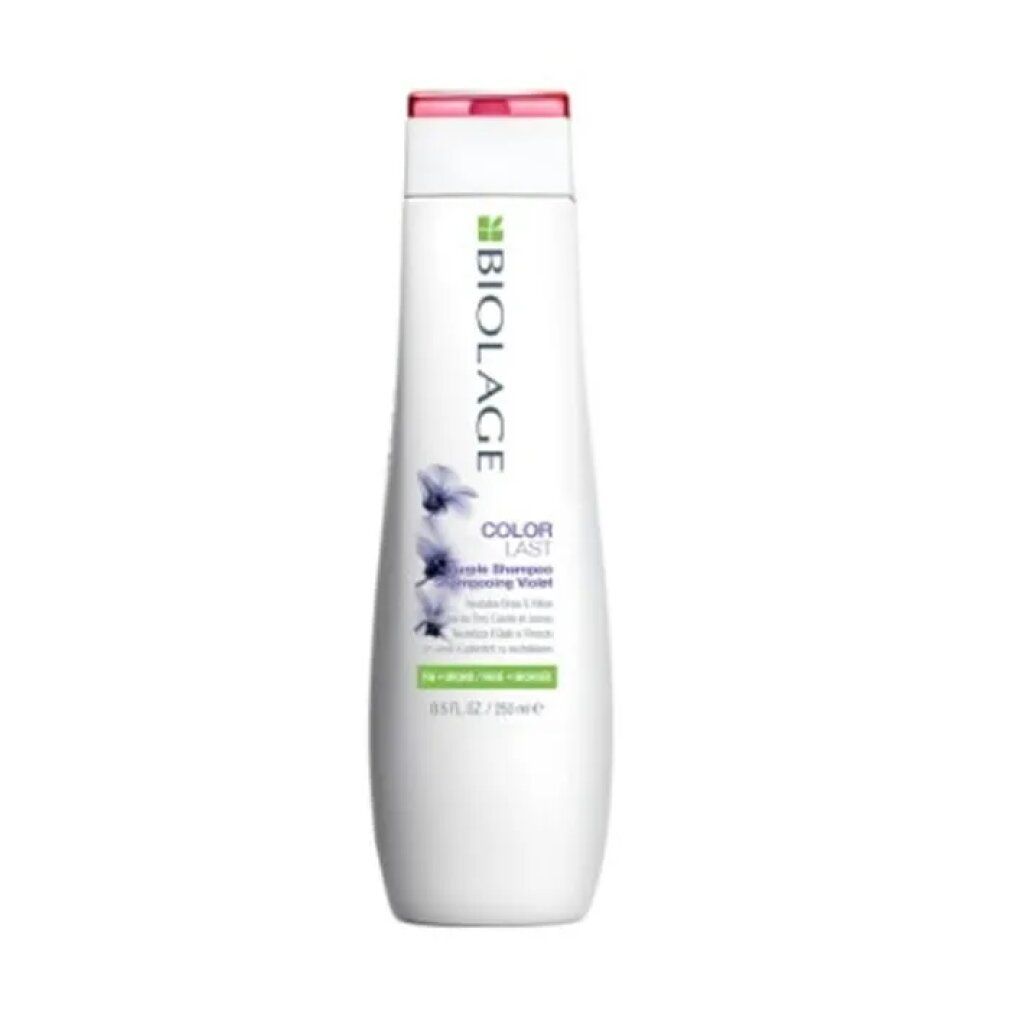 Flacone di shampoo bianco con tappo rosa. Scritte: Biolage, Color Last, Purple Shampoo. 8.5 fl. oz / 250 ml.