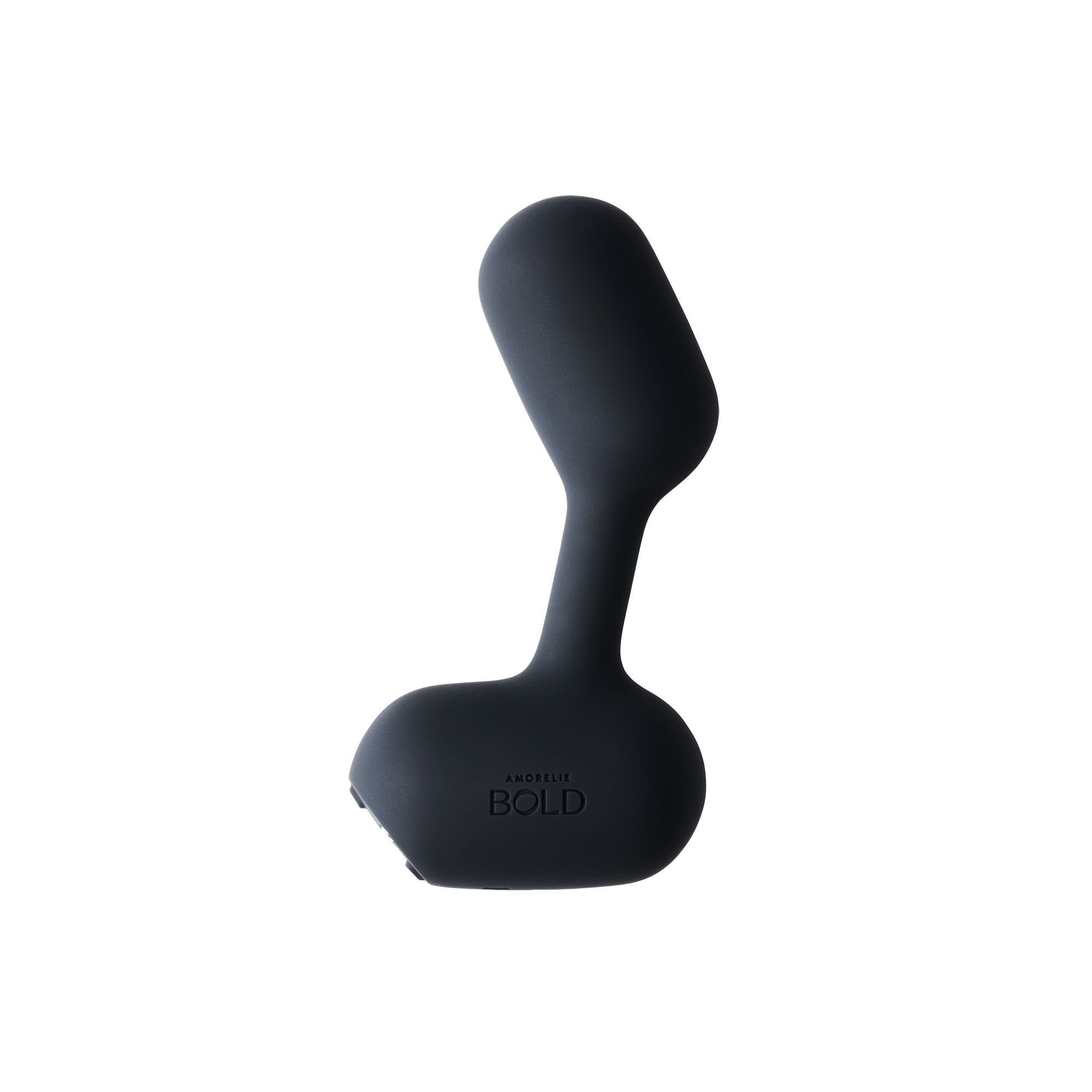 Prodotto benessere nero con logo AMORELIE BOLD. Forma ergonomica.