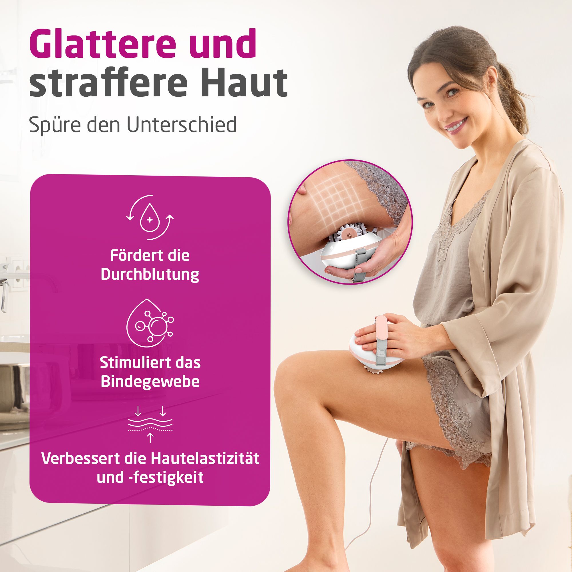 Donna con massaggiatore sulla coscia, con icone per circolazione e tessuto connettivo.