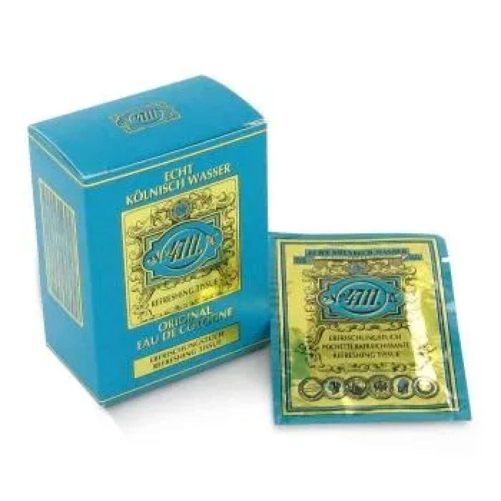 Scatola blu e salviettina rinfrescante. Scatola con logo e scritta. Salviettina in foglio oro-blu.