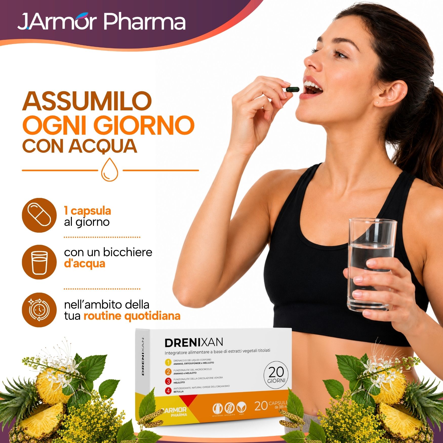 Donna assume capsula Drenixan con acqua. Scatola Drenixan 20 capsule.