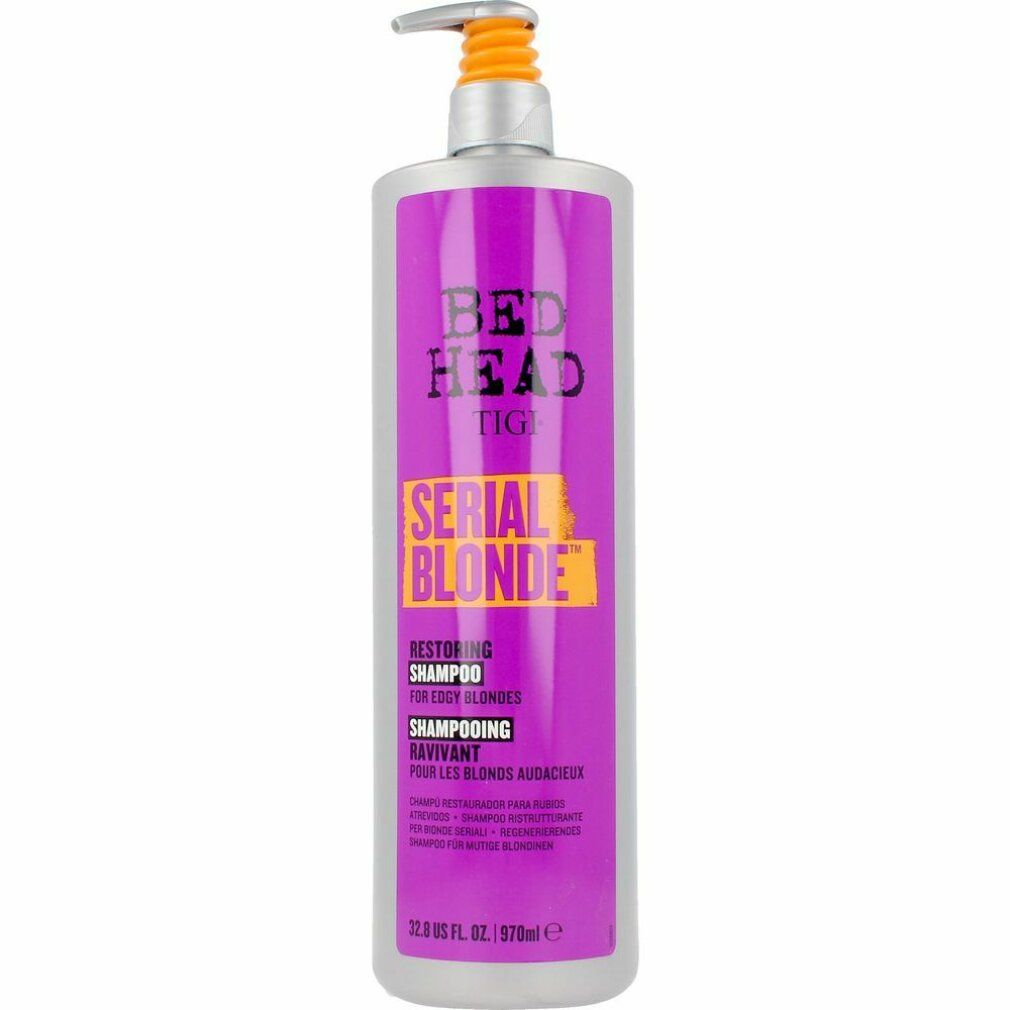 Flacone di shampoo Tigi Bed Head Serial Blonde. Flacone viola con etichetta gialla. Pompa con testa arancione.