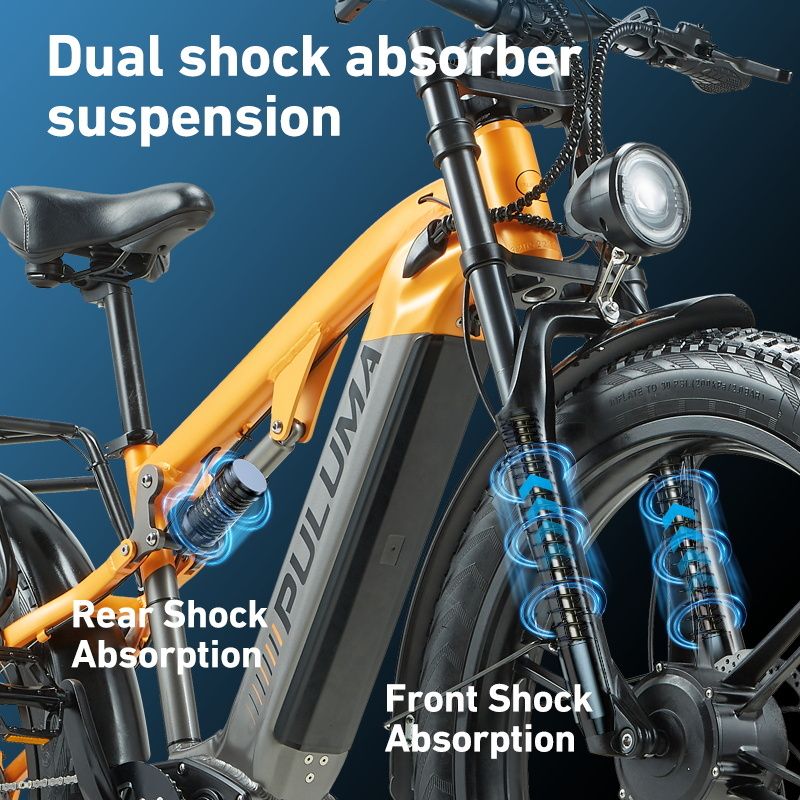 Bicicletta elettrica con sospensioni a doppio ammortizzatore. Sospensioni anteriori e posteriori. Design giallo-nero.