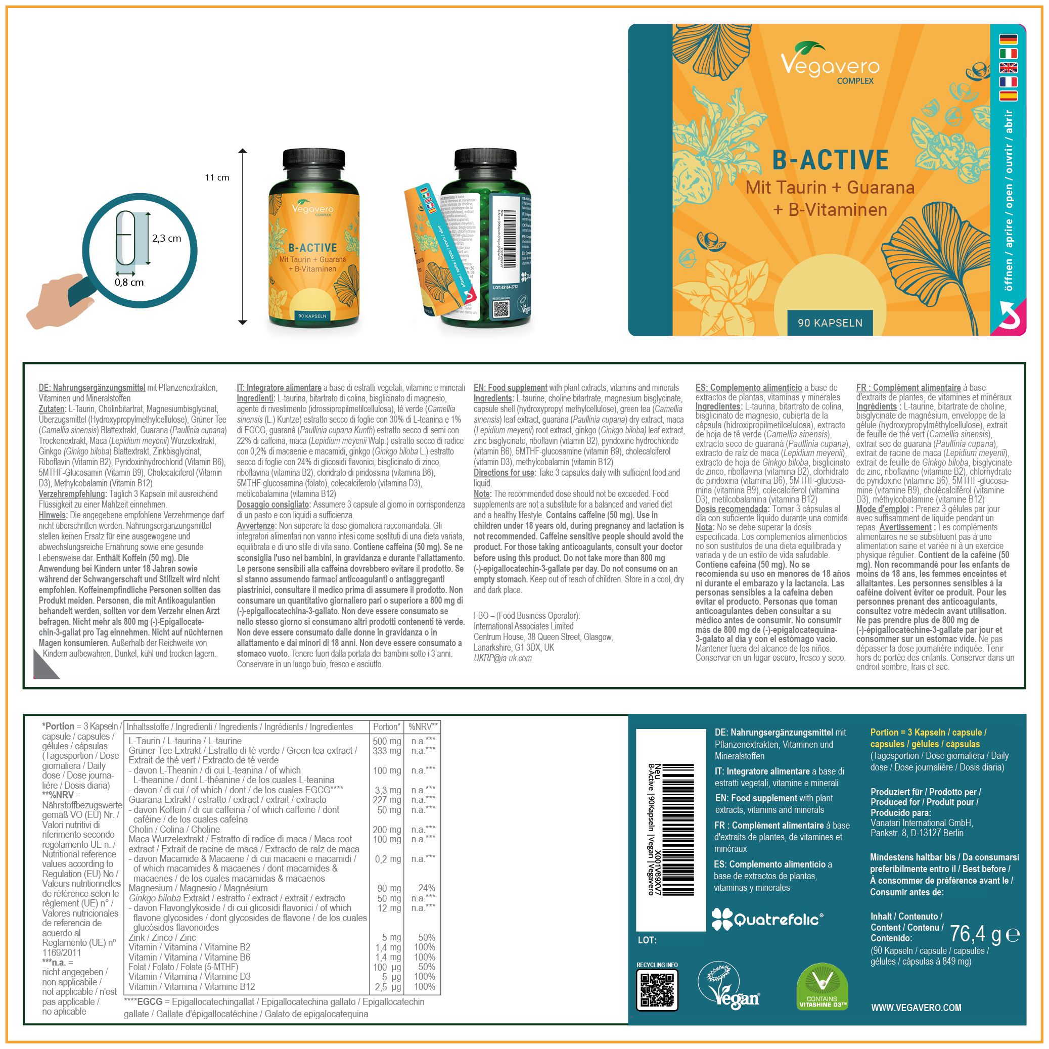 Confezione del prodotto con informazioni. Contiene un flacone B-ACTIVE, un foglietto illustrativo e una scatola. Dettagli sugli ingredienti e valori nutrizionali.