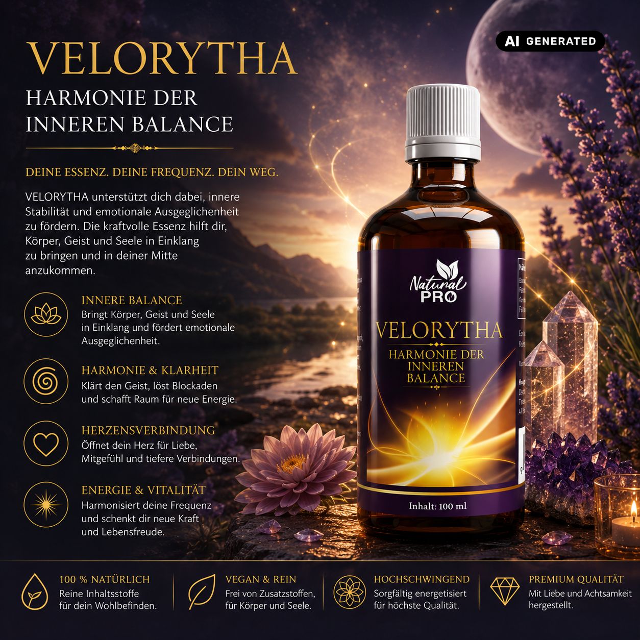 Flacone in vetro marrone con essenza Velorytha, illuminazione armoniosa, montagne e luna sullo sfondo.