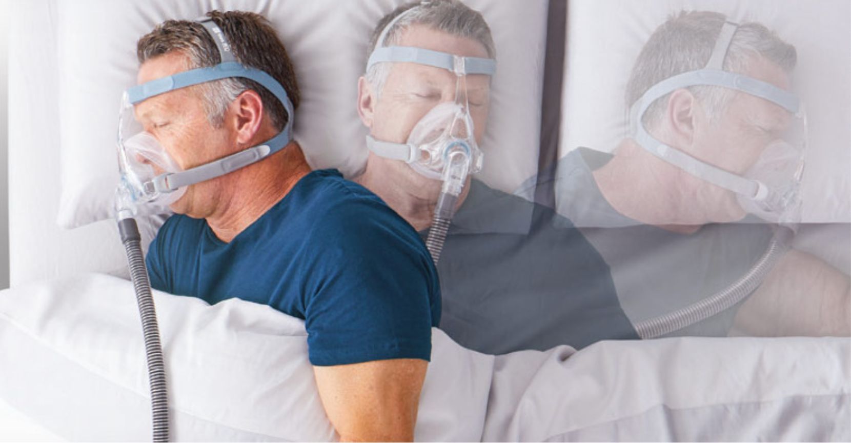 Componenti maschera CPAP: fascia, cuscino e telaio con etichette.