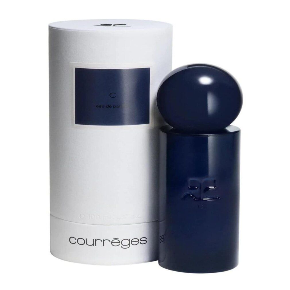 Flacone di profumo e confezione. Confezione cilindrica con testo. Flacone blu con tappo sferico. Marchio Courrèges.