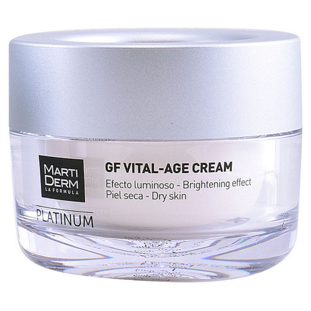 Vaso di crema con coperchio argentato. Scritta: Marti Derm Platinum GF Vital-Age Cream. Per pelle secca.