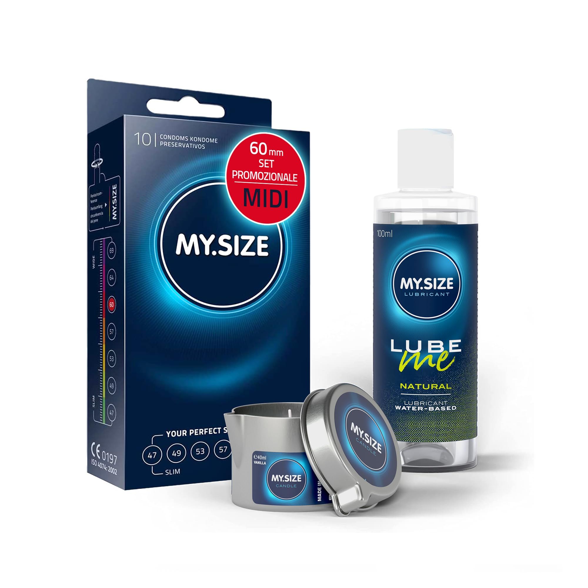 MY.SIZE PRO Preservativi + LUBE ME Natural + Body Candle Set