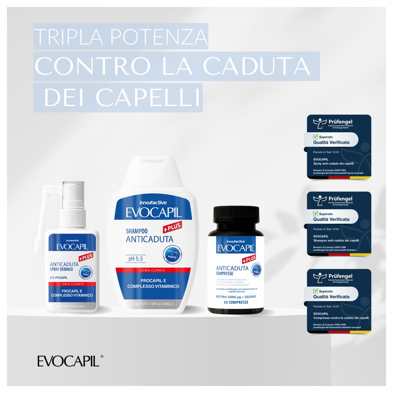 Prodotti Evocapil con sigillo 'Qualità Verificata'.