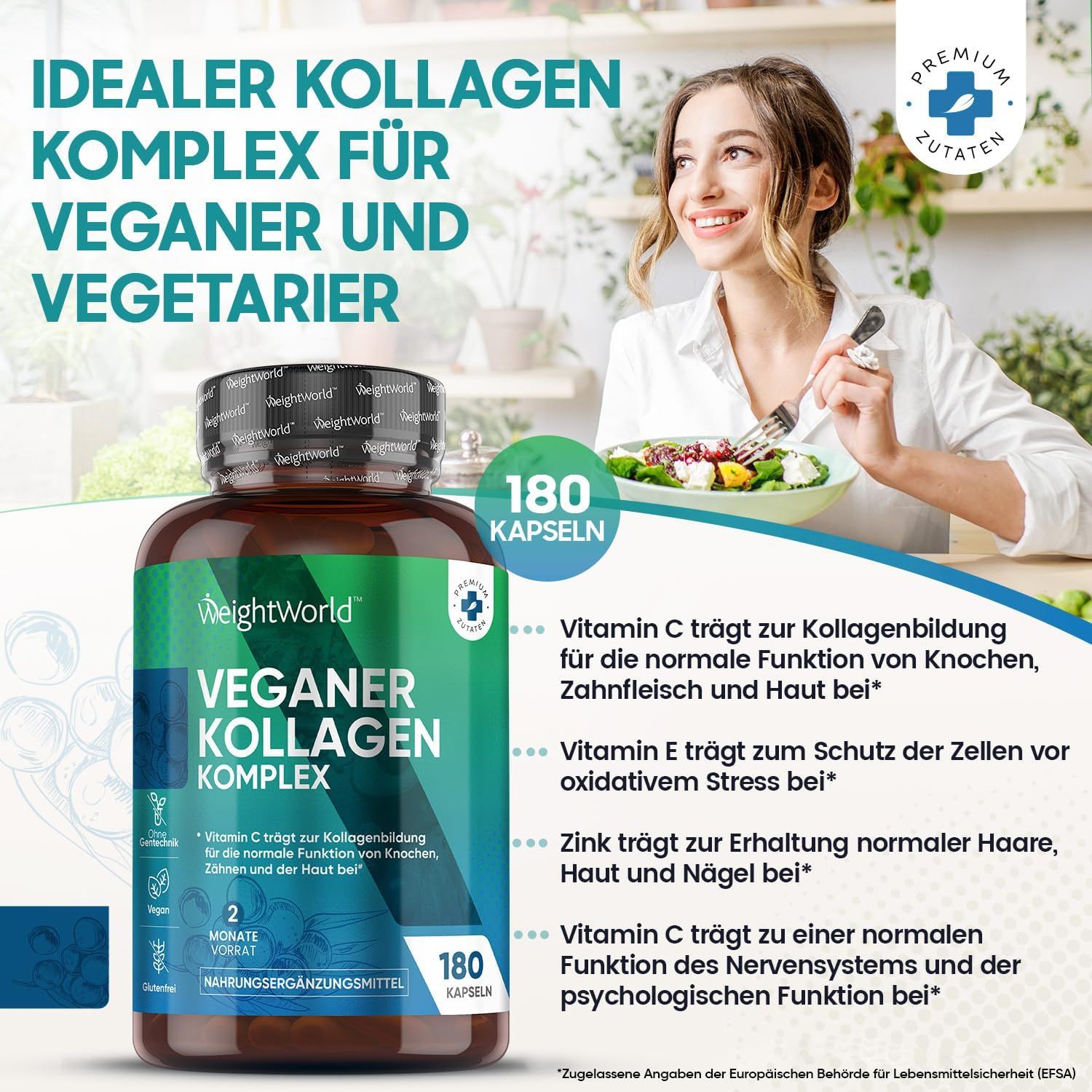 Flacone marrone con 180 capsule. Testo: Complesso di collagene vegano. Testo: Vitamina C, E, zinco. Donna mangia insalata.