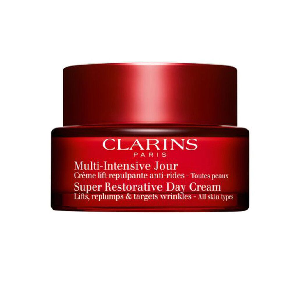 Vaso rosso con coperchio. Scritta: CLARINS PARIS, Multi-Intensive Jour, Super Restorative Day Cream.