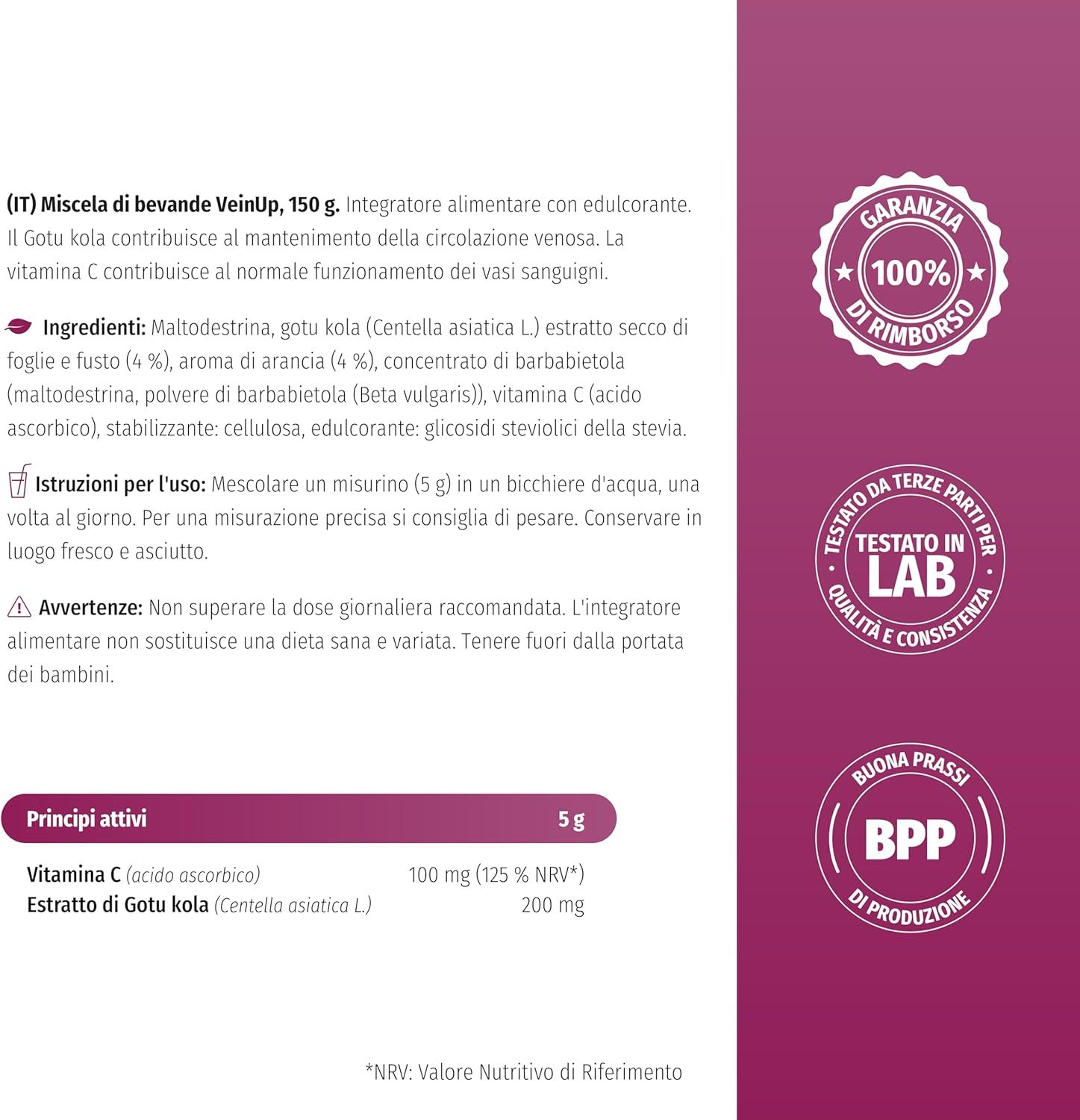 Informazioni prodotto per Nature's Finest VEIN UP. Ingredienti, uso, avvertenze. Certificazioni.