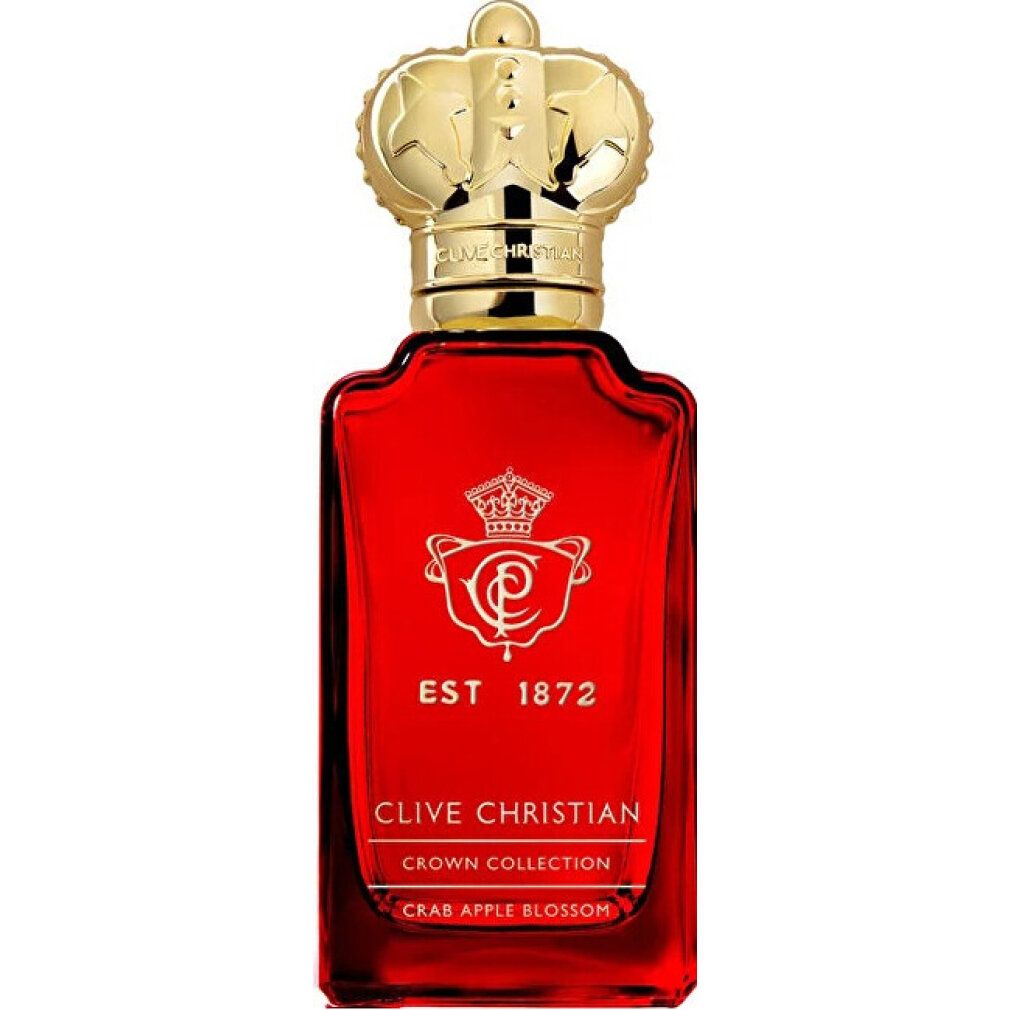 Flacone di vetro rosso con corona dorata. Scritta: Clive Christian, Crown Collection, Crab Apple Blossom, Est. 1872.