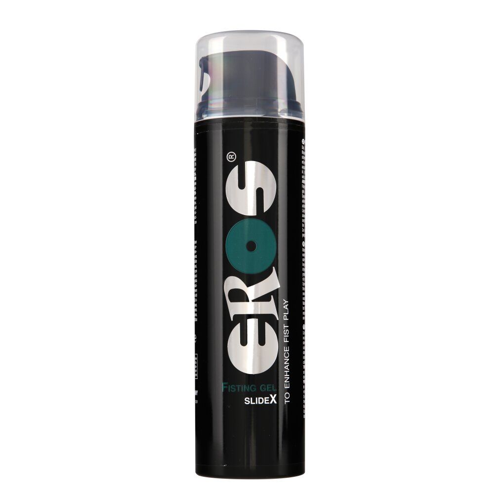Flacone cilindrico con tappo nero e chiusura trasparente. Scritta: EROS, Fisting Gel, SlideX.