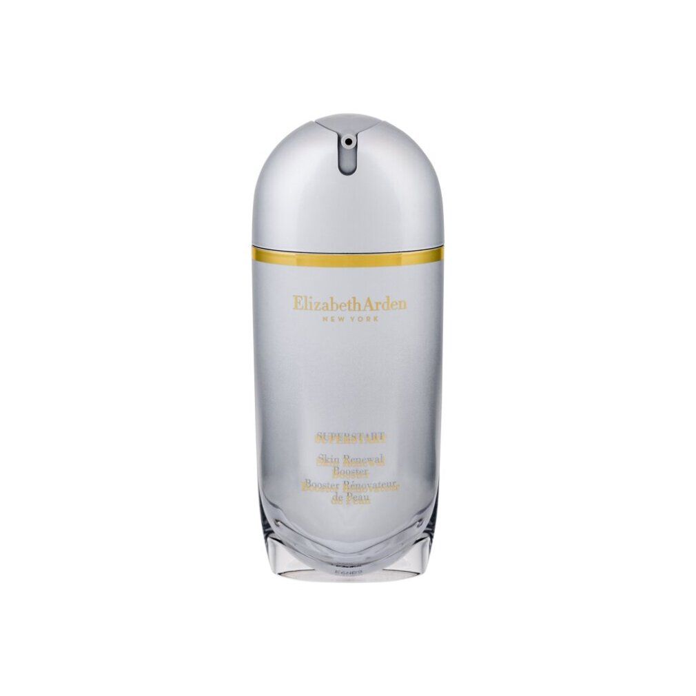 Flacone argento con dettagli dorati. Scritta: Elizabeth Arden, Superstart, Skin Renewal Booster, Booster Réformateur de Peau. Con erogatore.