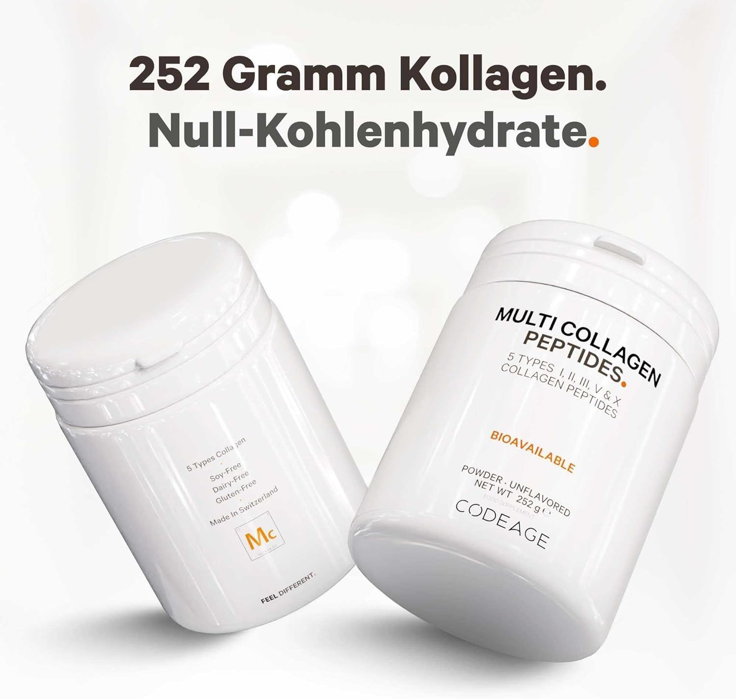 Due contenitori di polvere bianca 'Multi Collagen Peptides'. Contiene 5 tipi di collagene. Marchio: Codeage.